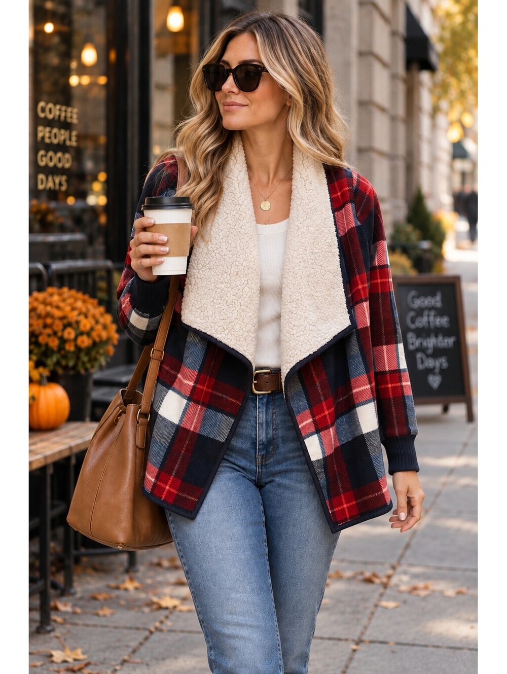 Abercrombie & Fitch XS Plaid Sherpa Fleece Draped Cardigan Jacket Red Navy